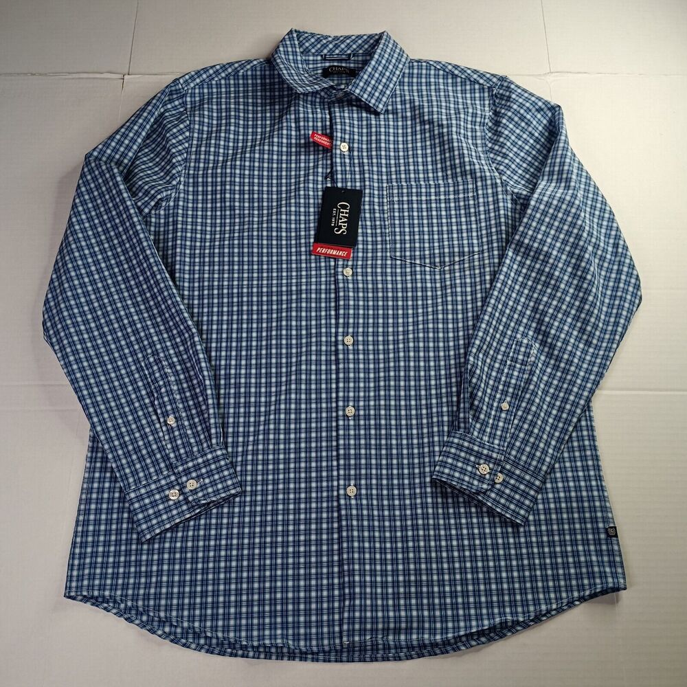 Chaps Plaid Shirt Men's L Large Blue Performance Classic Fit Button Up NWT